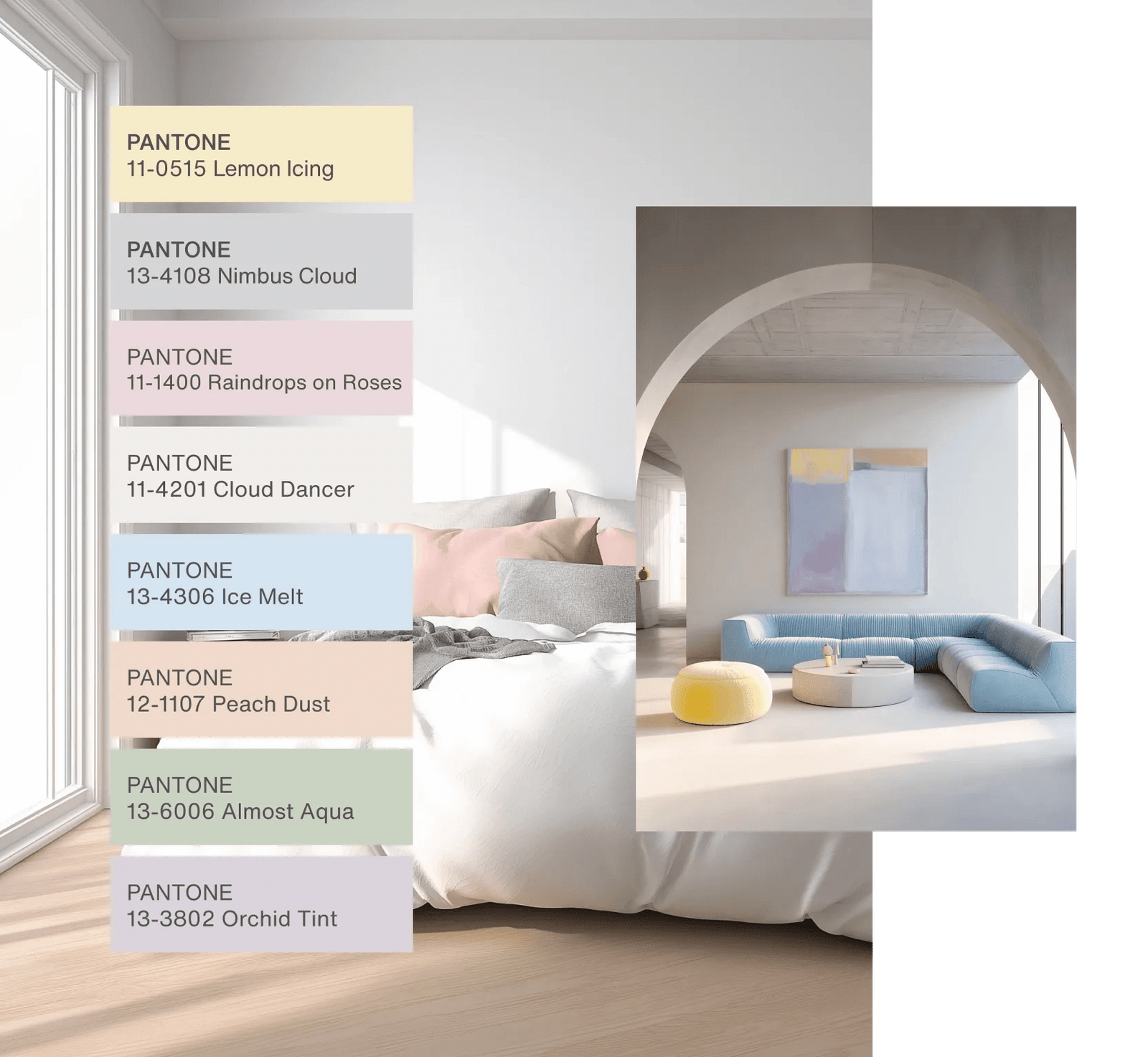 différents noms de couleurs pastel et photo d'un canapé