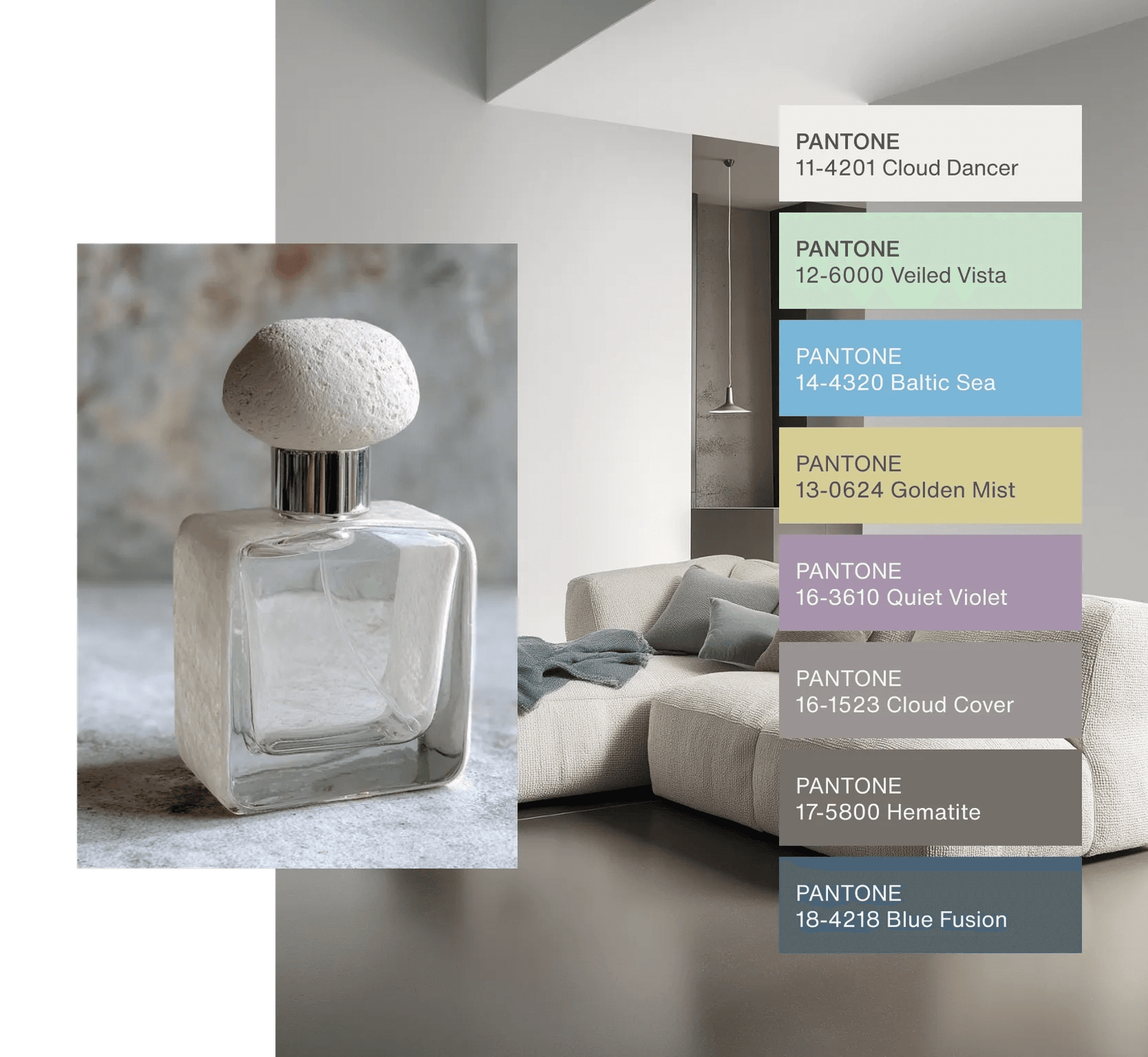 différents noms de couleurs sombres et photo d'une bouteille de parfum