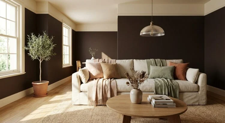 Salon avec un mur couleur marron espresso